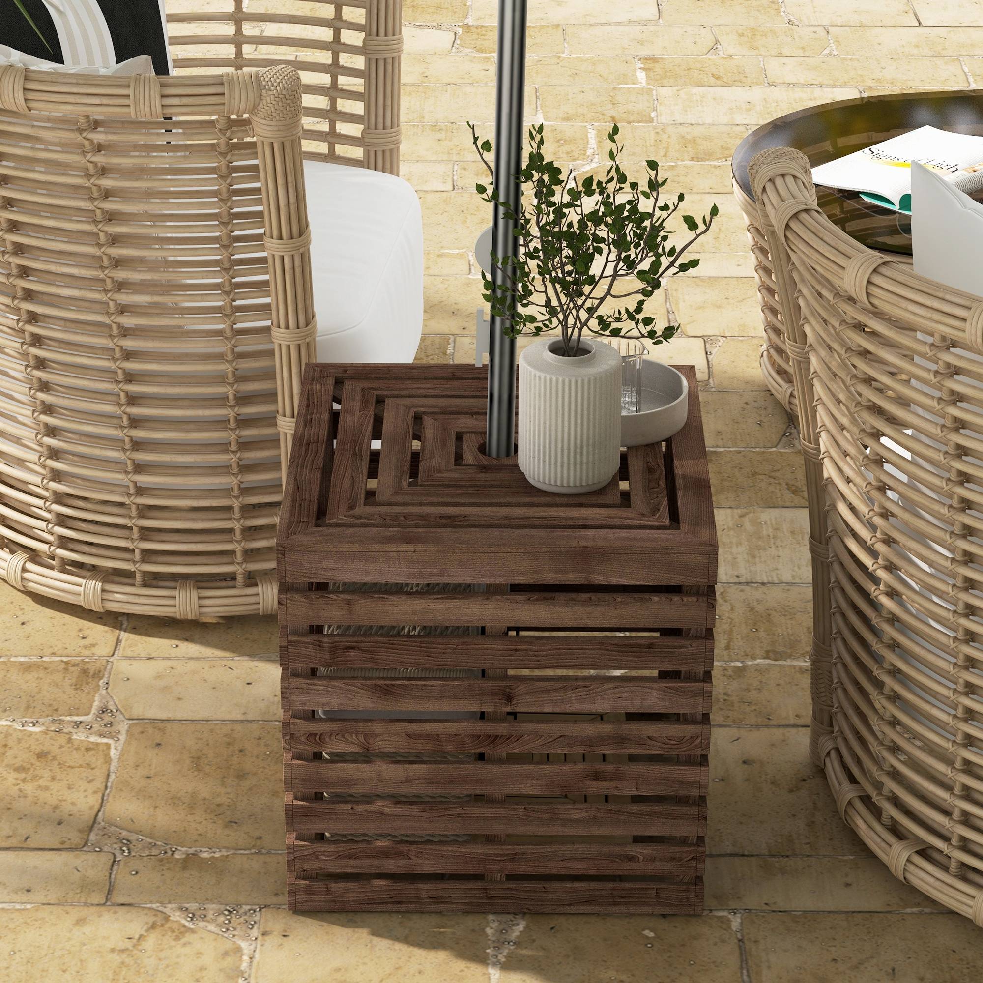 Coffre de rangement extérieure 2 en 1 pour base de parasol, table d'appoint de terrasse avec trou pour parasol en bois - Image 10