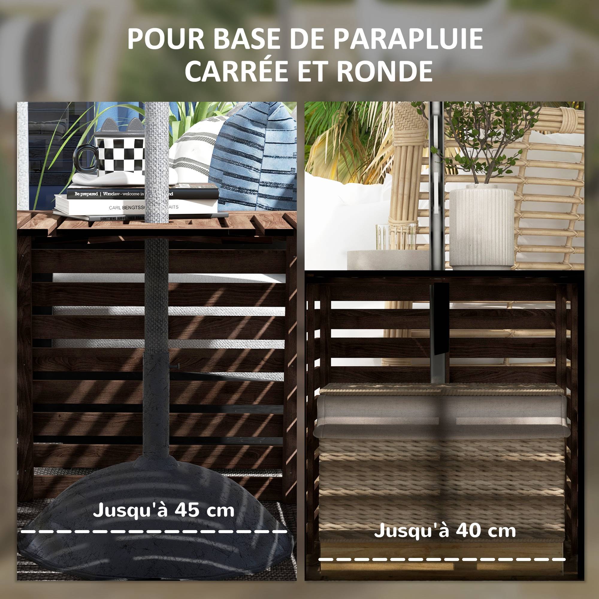 Coffre de rangement extérieure 2 en 1 pour base de parasol, table d'appoint de terrasse avec trou pour parasol en bois - Image 8