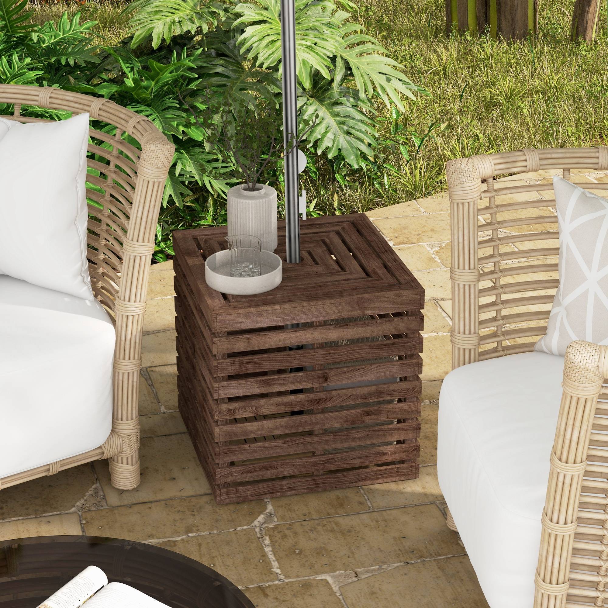 Coffre de rangement extérieure 2 en 1 pour base de parasol, table d'appoint de terrasse avec trou pour parasol en bois - Image 3