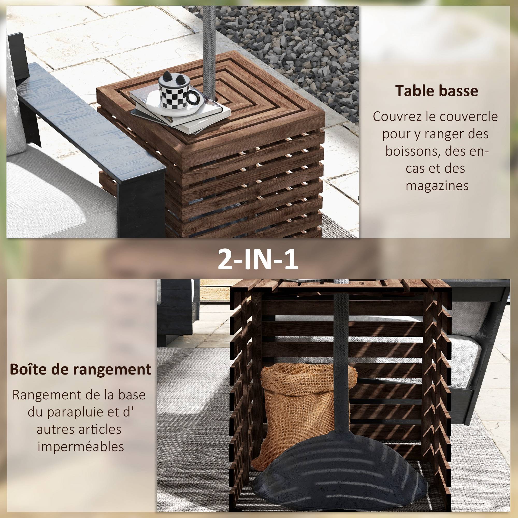 Coffre de rangement extérieure 2 en 1 pour base de parasol, table d'appoint de terrasse avec trou pour parasol en bois - Image 6