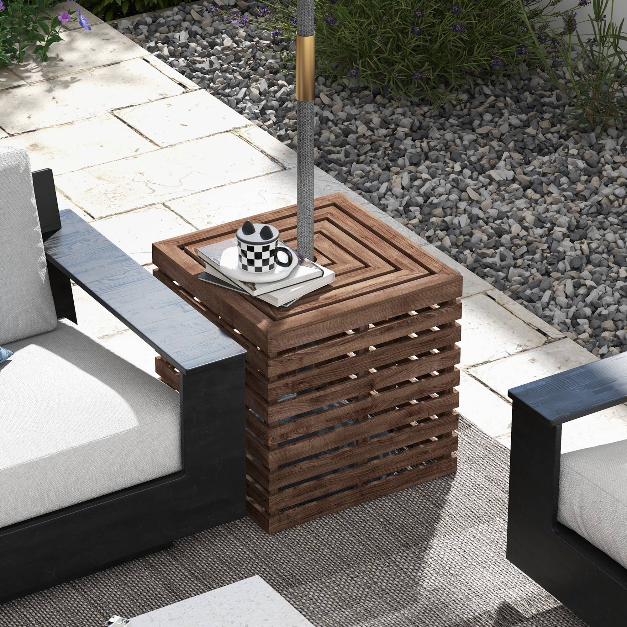 Coffre de rangement extérieure 2 en 1 pour base de parasol, table d'appoint de terrasse avec trou pour parasol en bois - Image 4