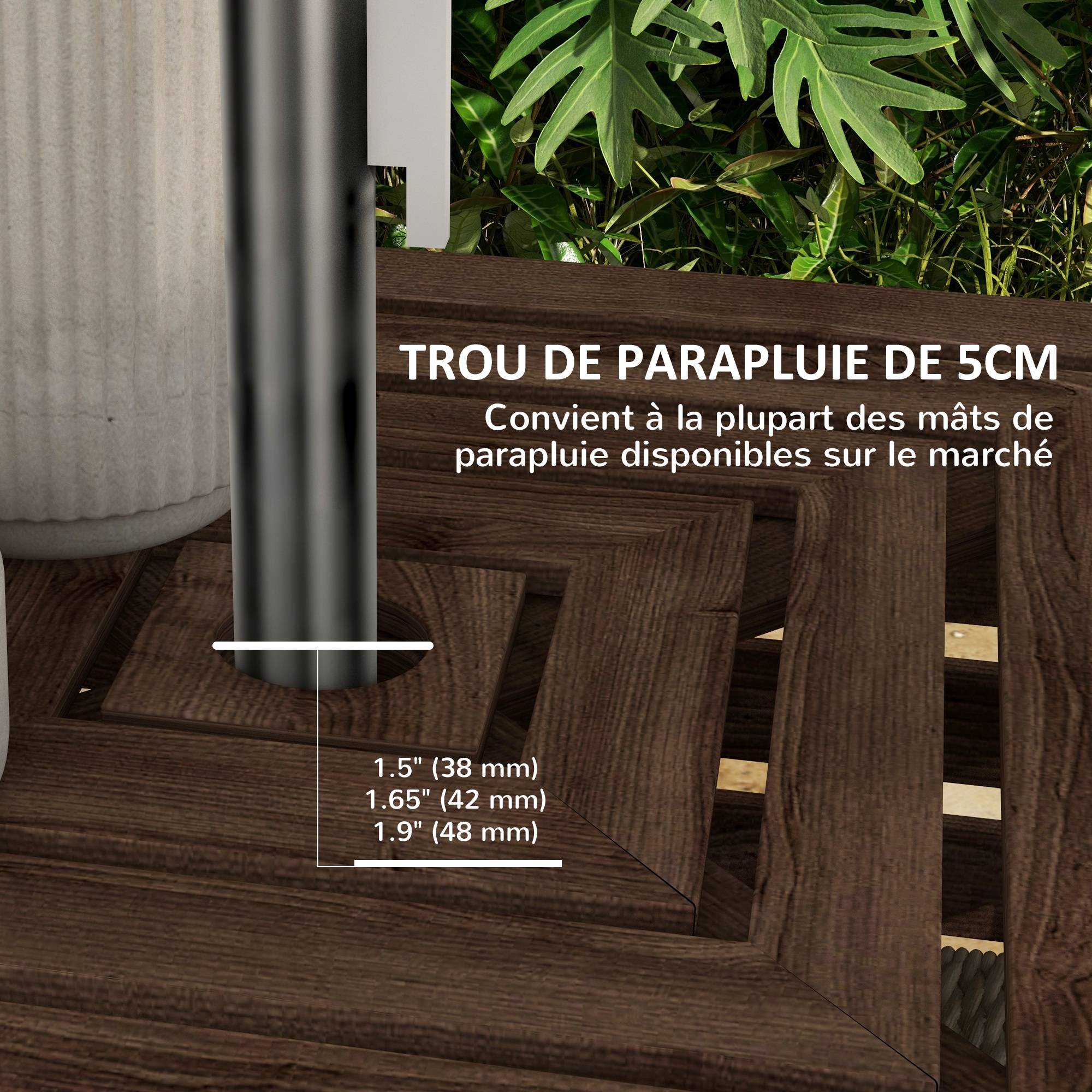 Coffre de rangement extérieure 2 en 1 pour base de parasol, table d'appoint de terrasse avec trou pour parasol en bois - Image 7