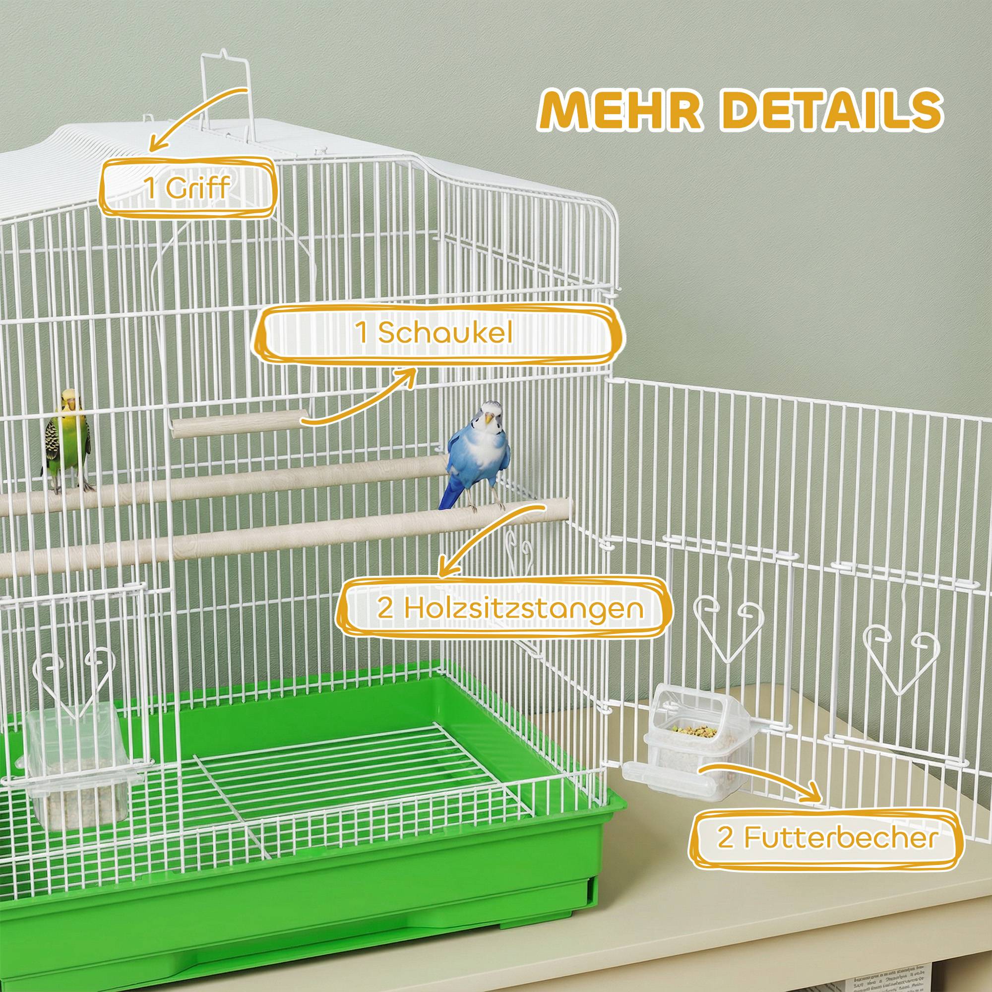 ComfortXL - Cage à oiseaux acier 46,5 x 36 x 59 cm blanc et vert pour perruches avec perchoirs mangeoires et tiroir amovible - Image 6