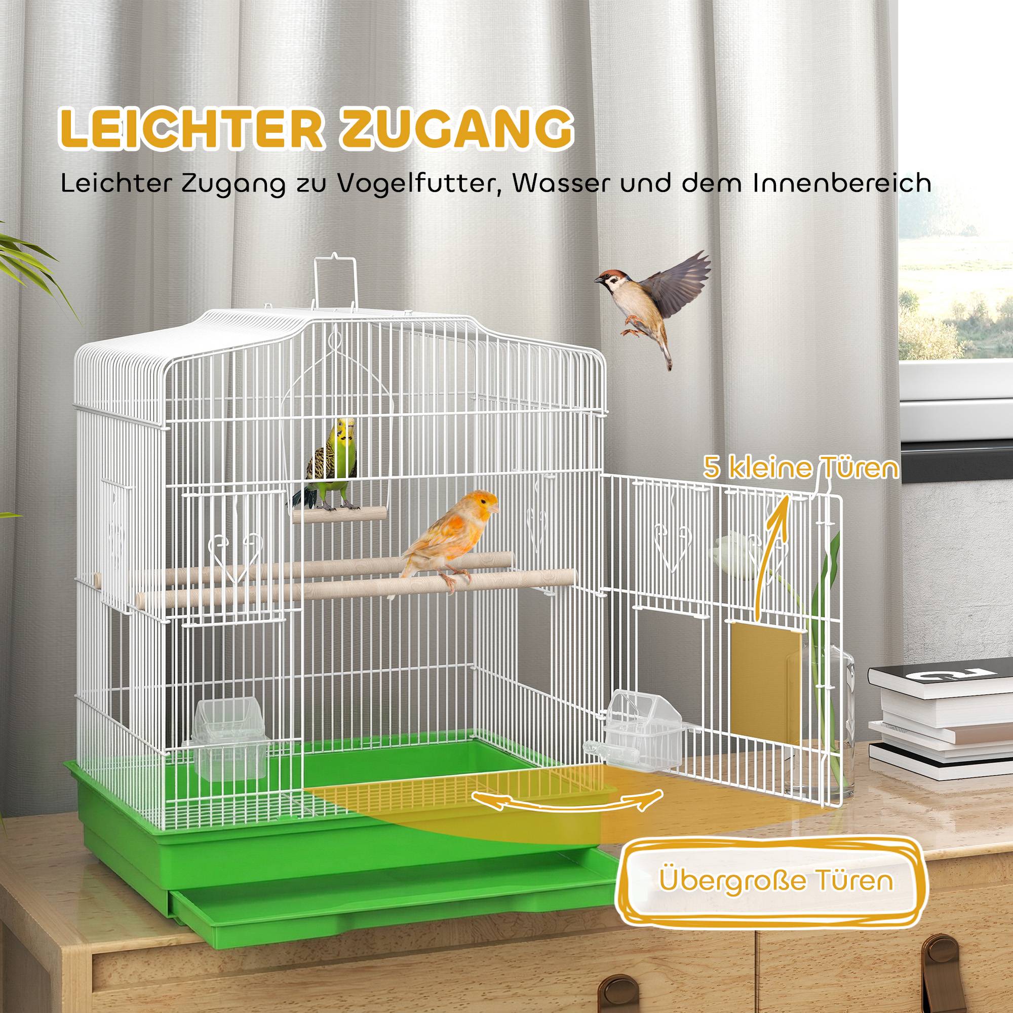 ComfortXL - Cage à oiseaux acier 46,5 x 36 x 59 cm blanc et vert pour perruches avec perchoirs mangeoires et tiroir amovible - Image 4
