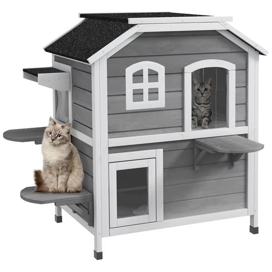 Maison pour chat en bois gris 99.5 x 76 x 91 cm - PANGIVO - Image 1