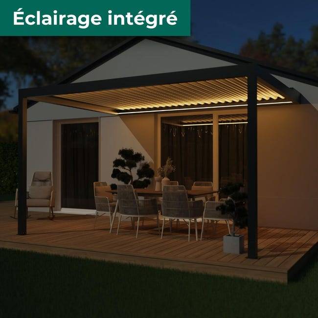 Pergola Bioclimatique Aluminium Adossée Motorisée Éclairée 4x3 Anthracite SV ORIAL France - Image 4