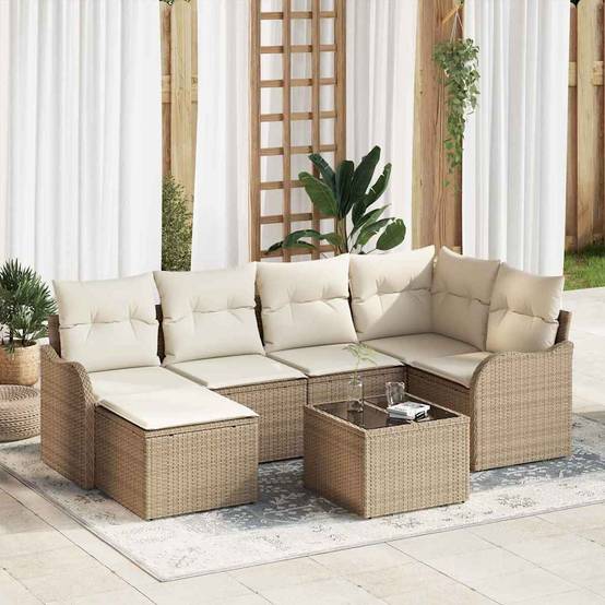 Salon de jardin 6 places 7 pcs Poly rotin modulable pour Terrasse Beige et Blanc – ComfortXL Outdoor Living - Image 1