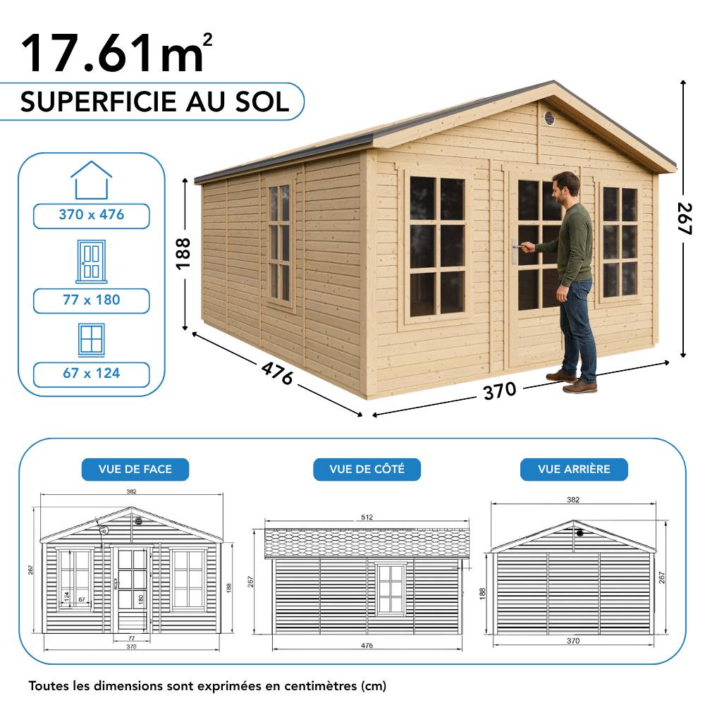 Timbela - Abri de jardin en bois - 17,61 m² - 512x382xH267 cm - sans plancher avec bardeaux bitumineux couleur gris - 17 mm d’épaisseur - Timbela M736 - Image 6