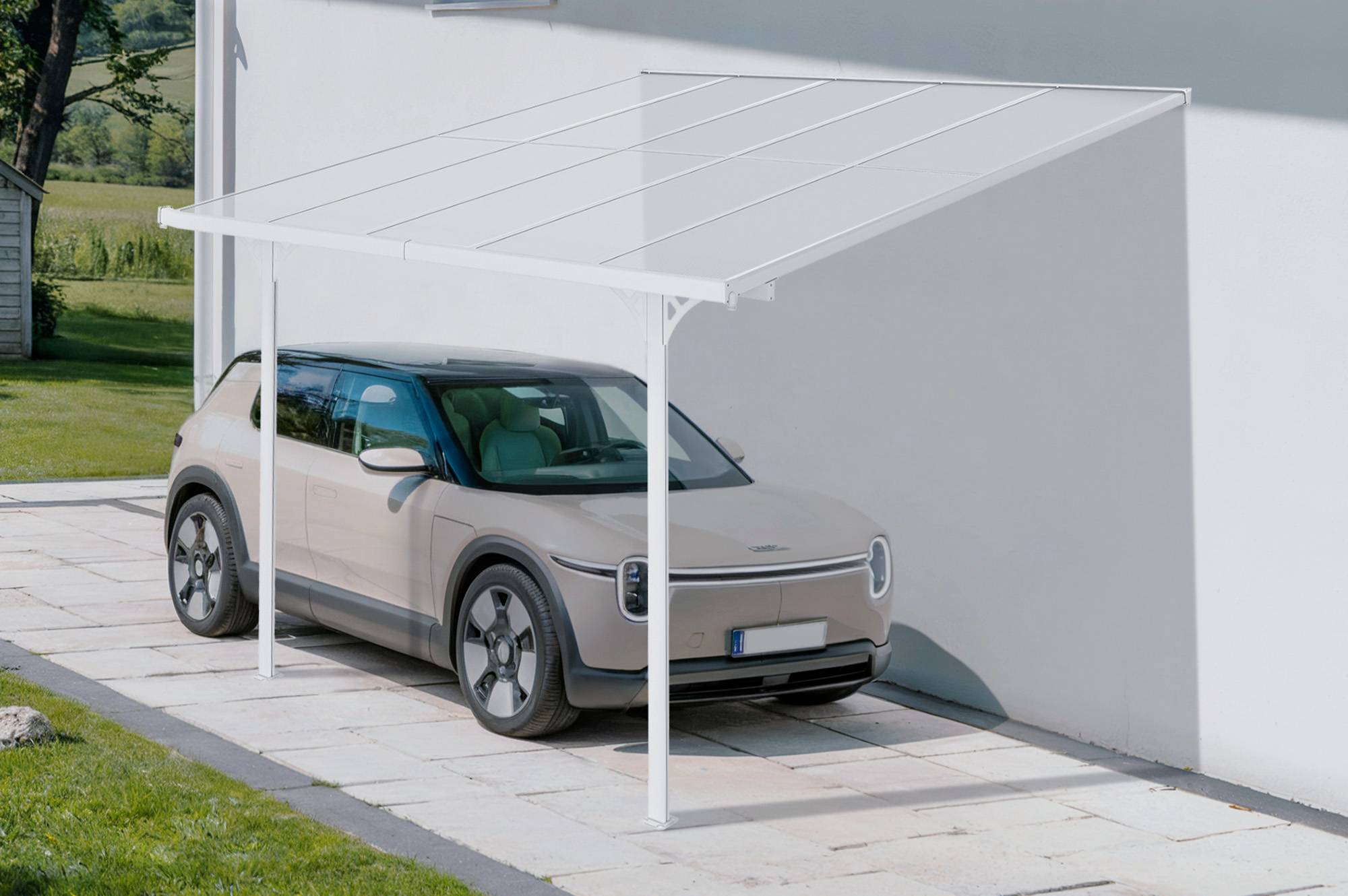 CAZEBOO - Cazeboo Pergola/Carport adossée 9m² KLEO 3x3 m blanc - toit terrasse en aluminium et polycarbonate