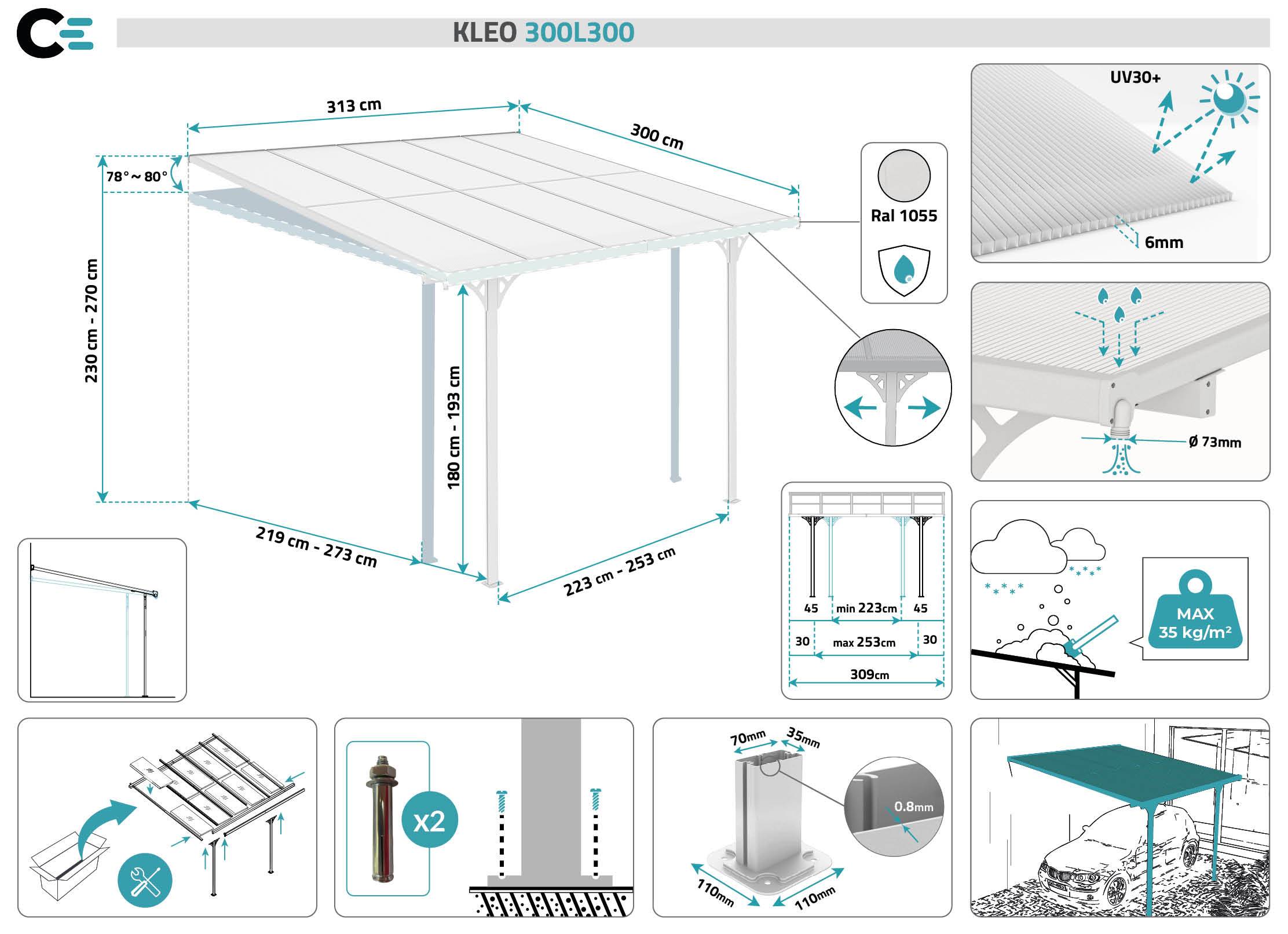 CAZEBOO - Cazeboo Pergola/Carport adossée 9m² KLEO 3x3 m blanc - toit terrasse en aluminium et polycarbonate - Image 2