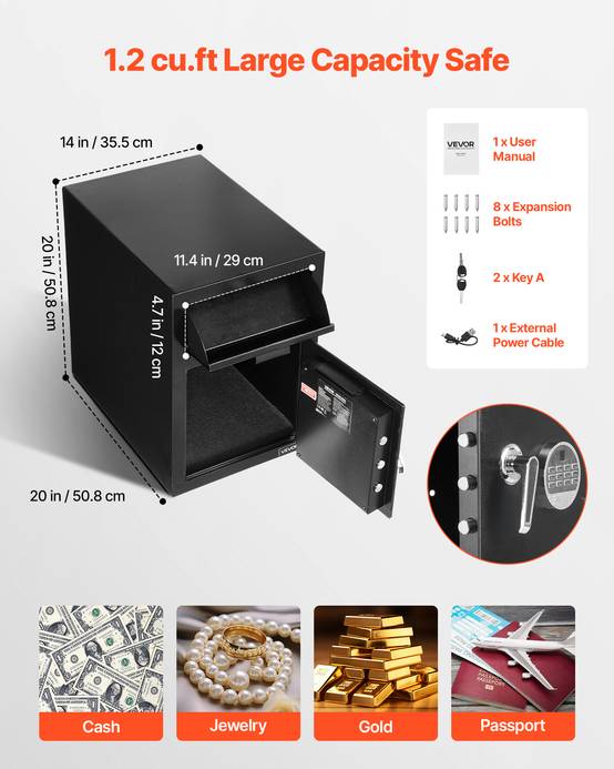 Vevor - VEVOR Coffre-fort de dépôt 34 L, électronique et clé, fente frontale, alarme et LED, pour espèces, bijoux, documents, noir - Image 3