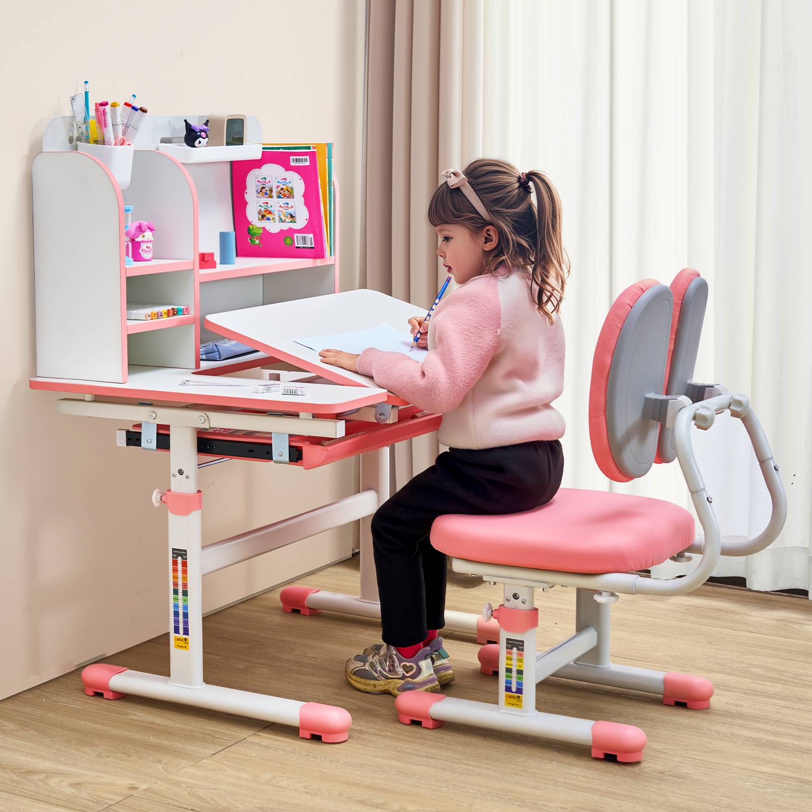 VEVOR Ensemble chaise bureau enfants, étagère, tiroir, hauteur réglable. Rose. - Image 8