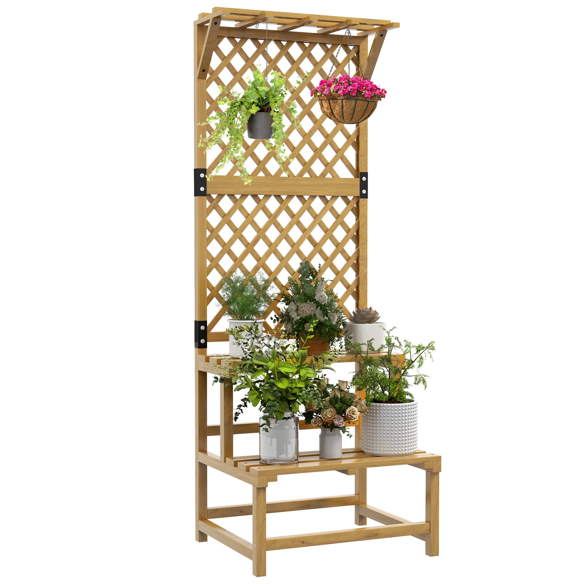 Sans Marque - Jardinière 2 niveaux ajourée toit étagères claire-voie bois sapin 60x50x166 cm - Image 1