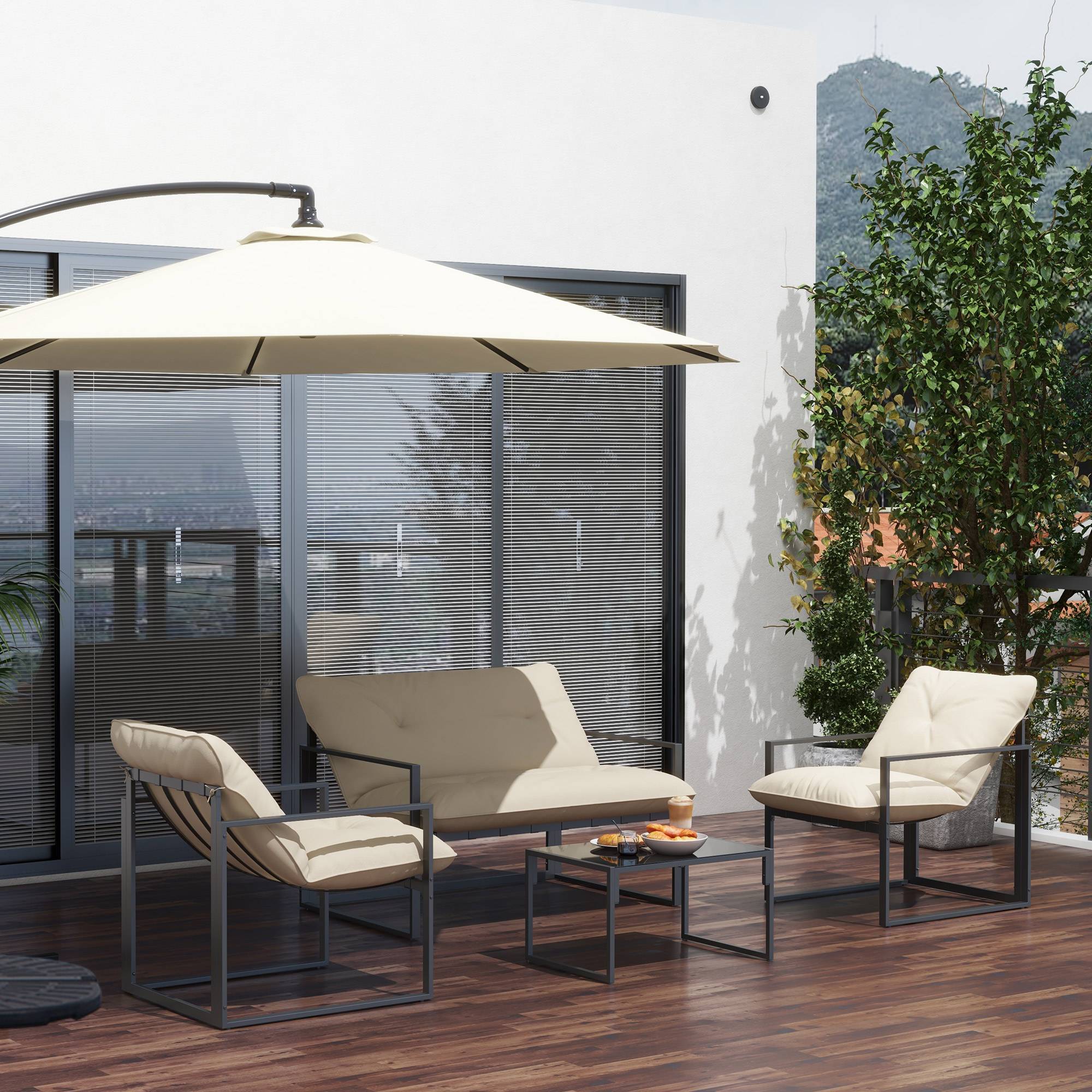 Outsunny - Salon de jardin 4 personnes - 4 pièces, 3 coussins - acier époxy noir polyester beige - Outsunny - Image 6