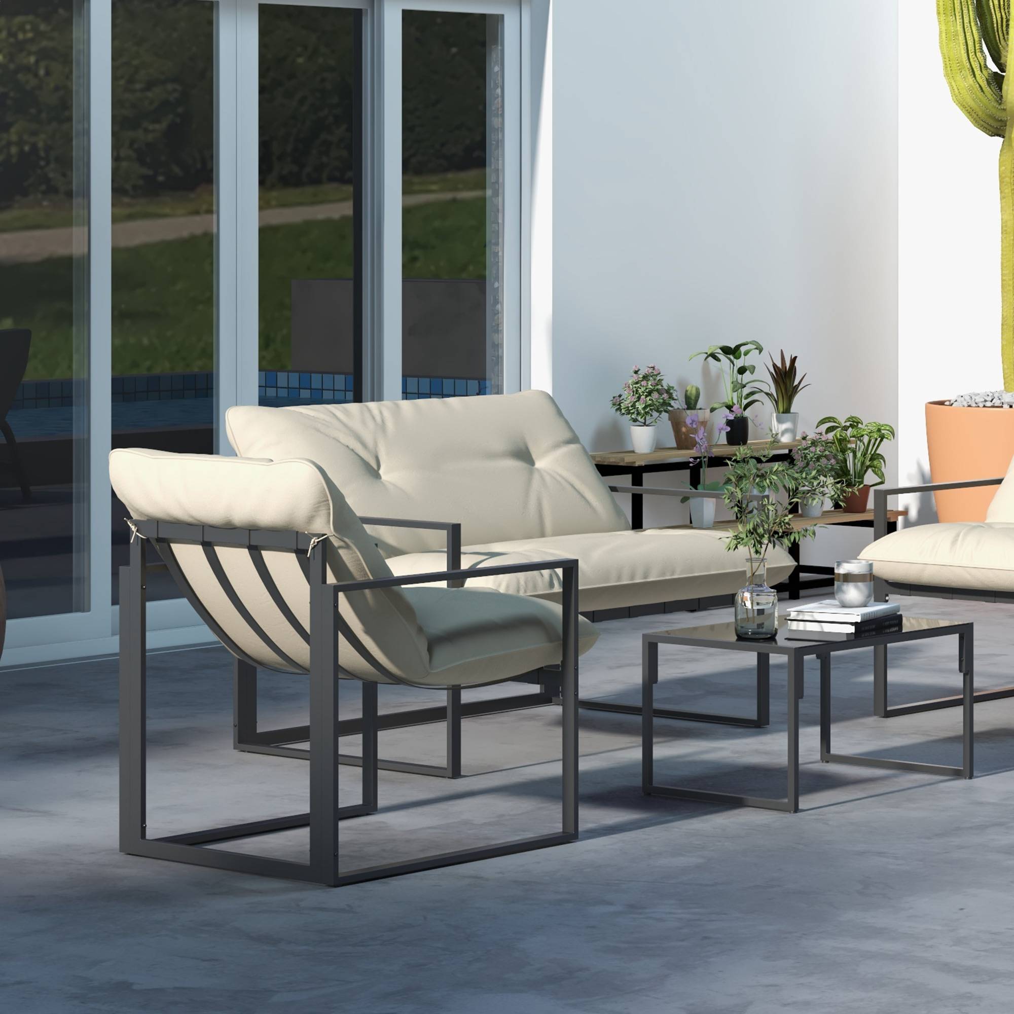 Outsunny - Salon de jardin 4 personnes - 4 pièces, 3 coussins - acier époxy noir polyester beige - Outsunny - Image 5