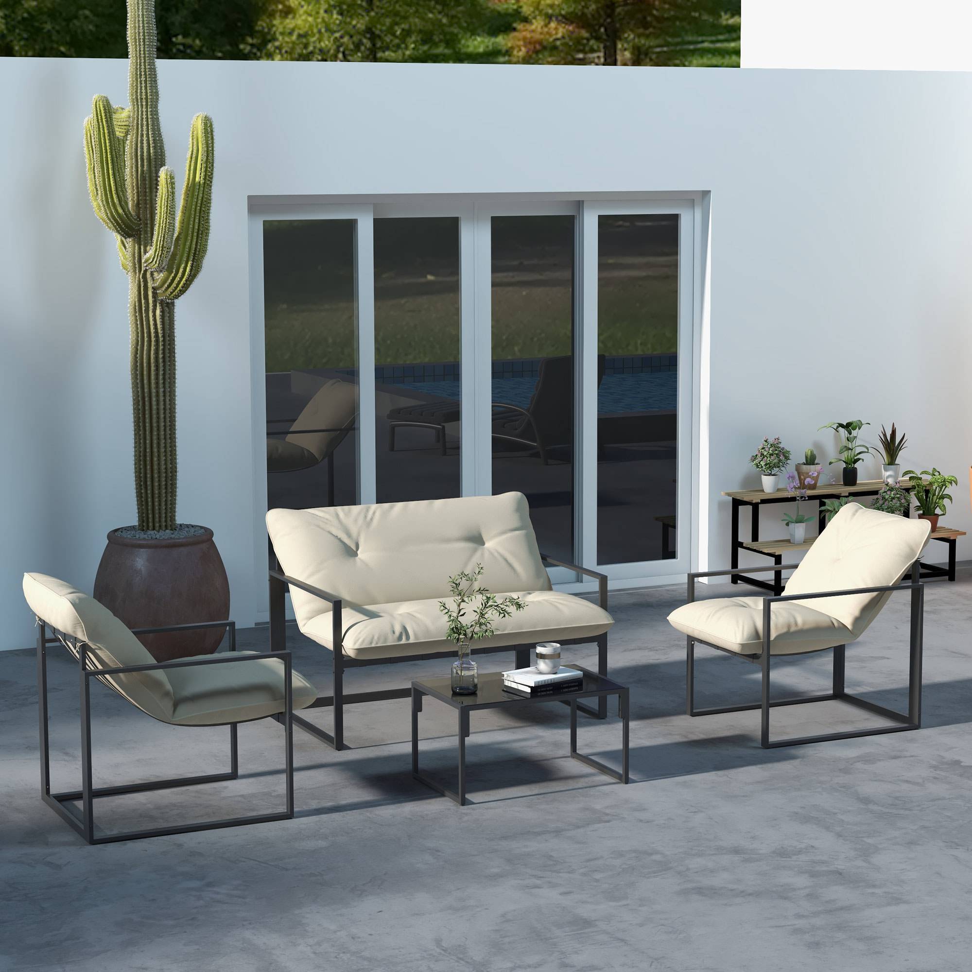 Outsunny - Salon de jardin 4 personnes - 4 pièces, 3 coussins - acier époxy noir polyester beige - Outsunny - Image 4