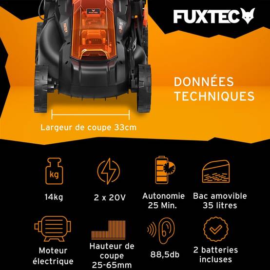 FUXTEC - Tondeuse gazon batterie 40V (2X20V) - FUXTEC FX-E1RM20 - largeur 33cm 2 batteries Li-Ion 2Ah, double chargeur 2,4A, bac 35L - Image 2
