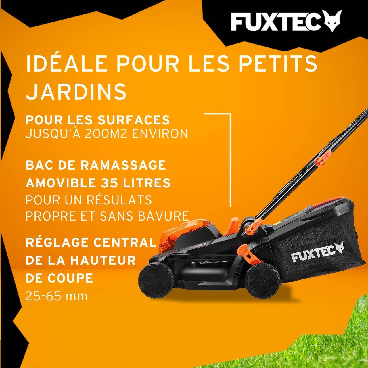 FUXTEC - Tondeuse gazon batterie 40V (2X20V) - FUXTEC FX-E1RM20 - largeur 33cm 2 batteries Li-Ion 2Ah, double chargeur 2,4A, bac 35L - Image 4