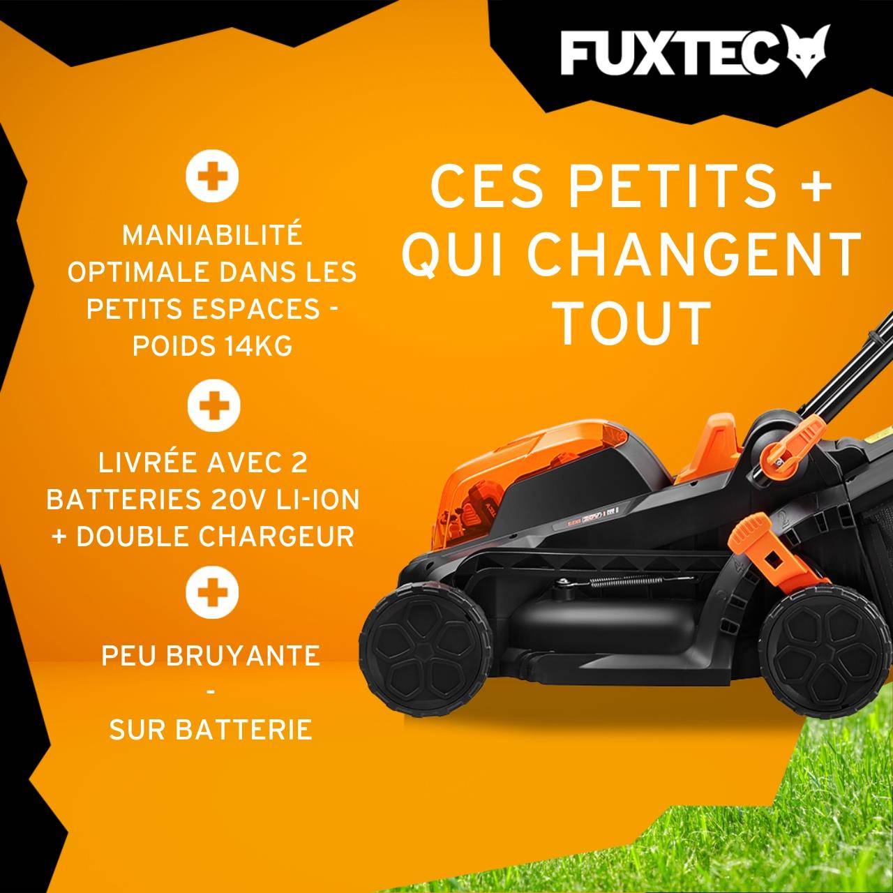 FUXTEC - Tondeuse gazon batterie 40V (2X20V) - FUXTEC FX-E1RM20 - largeur 33cm 2 batteries Li-Ion 2Ah, double chargeur 2,4A, bac 35L - Image 3