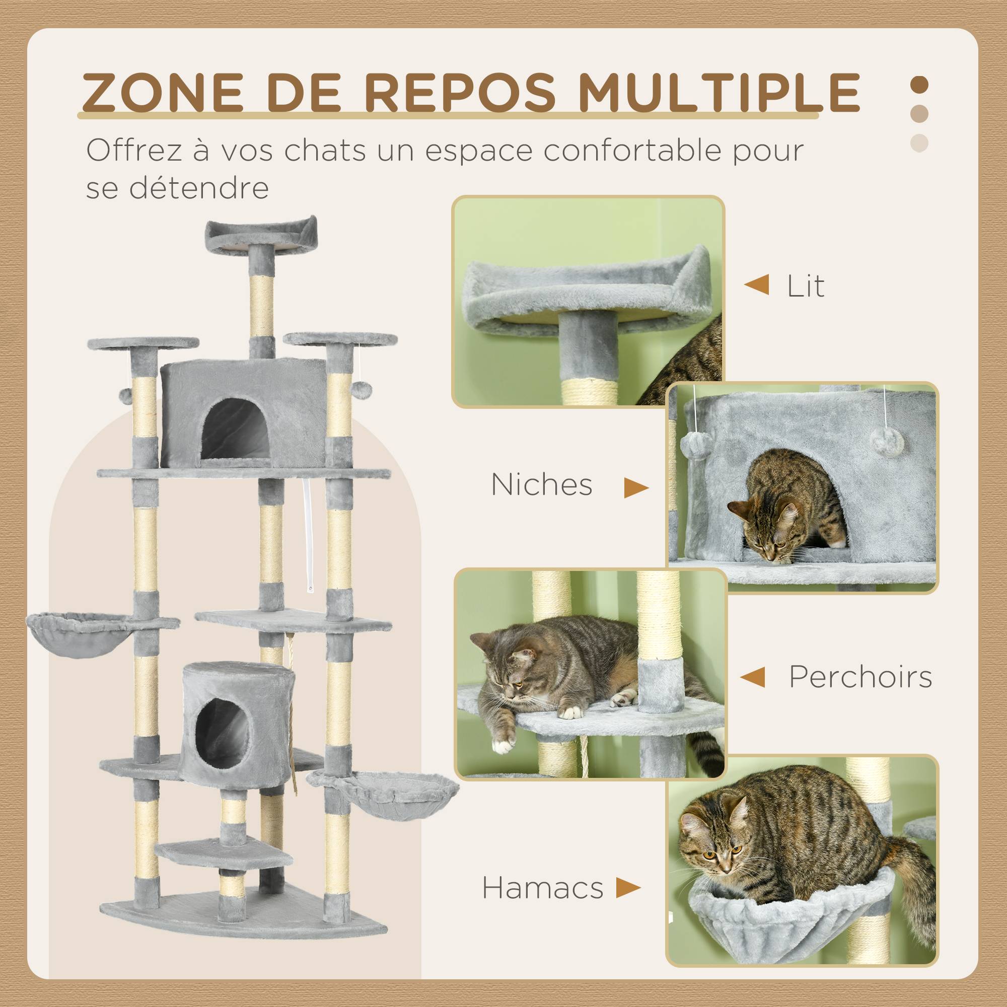 Sans Marque - Arbre à chat XXL arbre à grimper pour chat multi-équipements griffoirs 6 plate-formes 2 niches hauteur 200 cm gris - Image 5