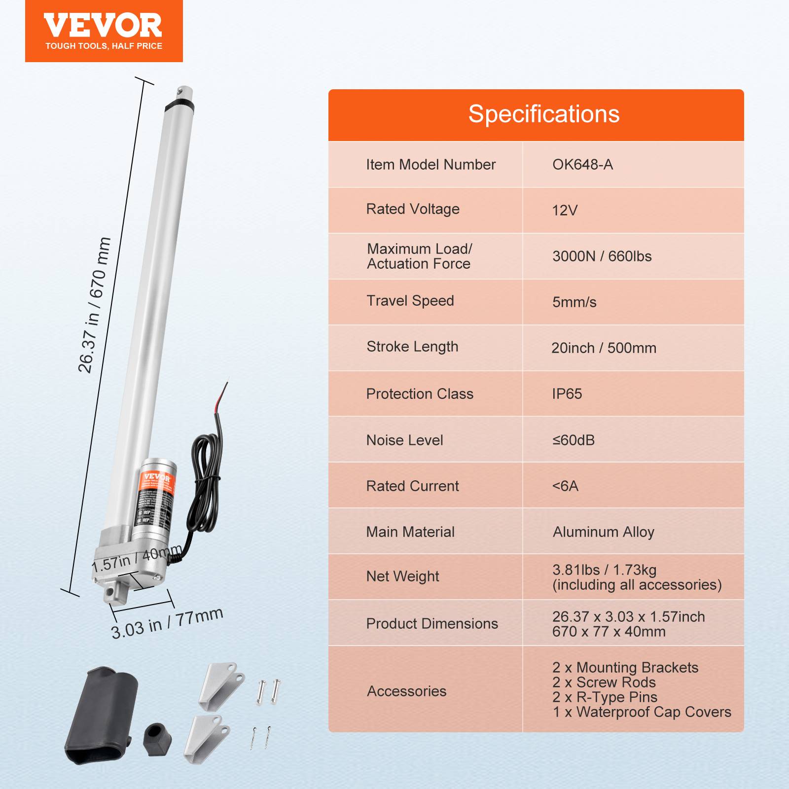 VEVOR Actionneur linéaire 12V IP65 étanche 20" 660lbs/3000N 0,19"/s, support, extérieur. - Image 7