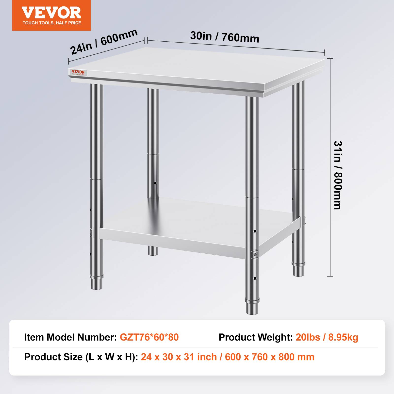 Vevor - VEVOR Table travail cuisine inox 60x76x80cm 2 étages, pour préparation repas, hôtels, bureaux, hôpitaux. - Image 7