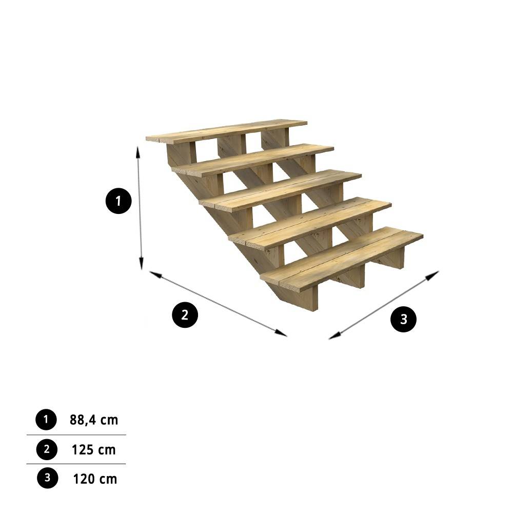 Decklinea - Escalier Bois Exterieur - 3 Marches - Largeur : 1m20 - Hauteur : 85cm - Sans Contremarches - Pin du Nord - Image 3