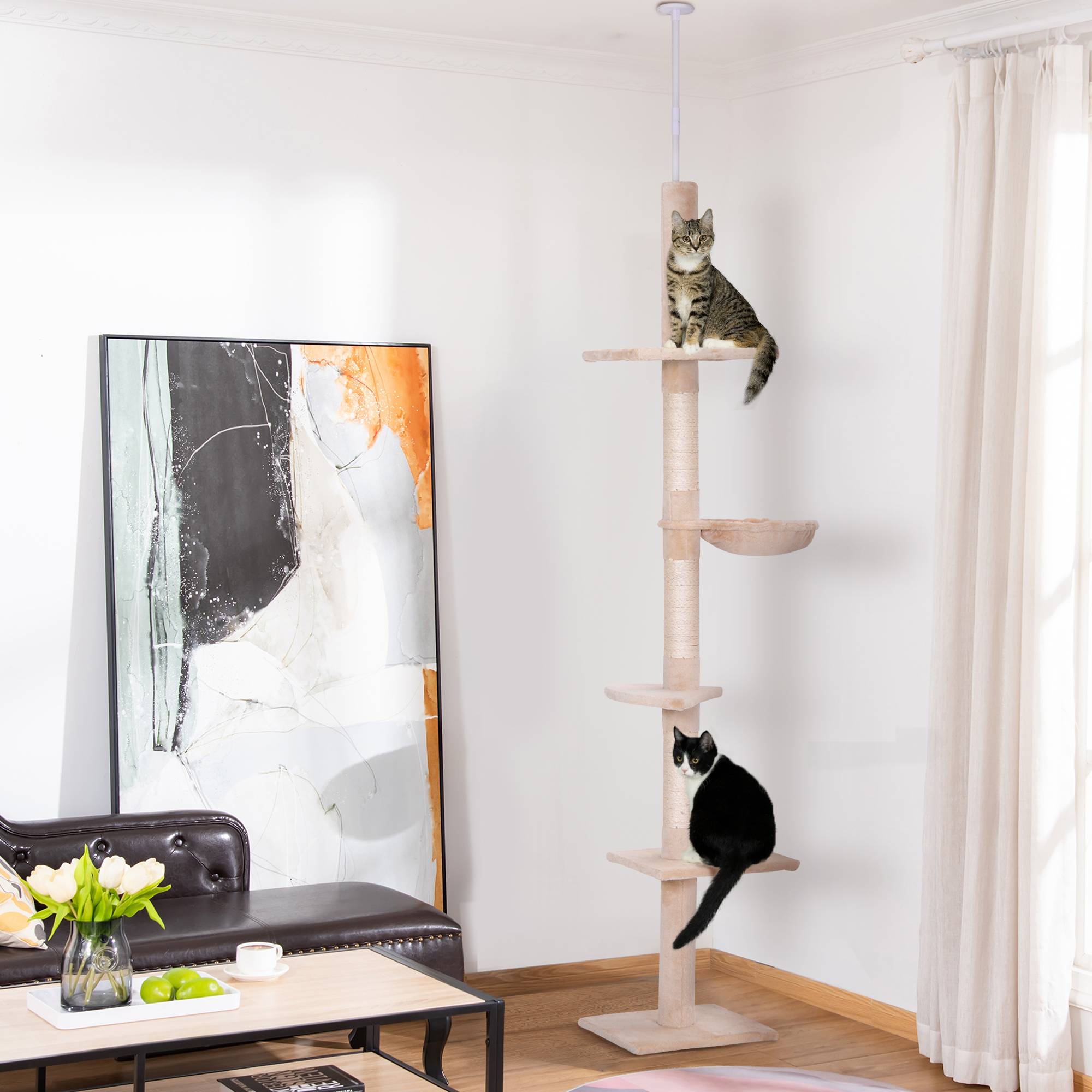 Arbre à chat beige sol plafond 230-260 cm, hauteur réglable, plateformes, hamac, poteaux sisal, ajustable - Image 3