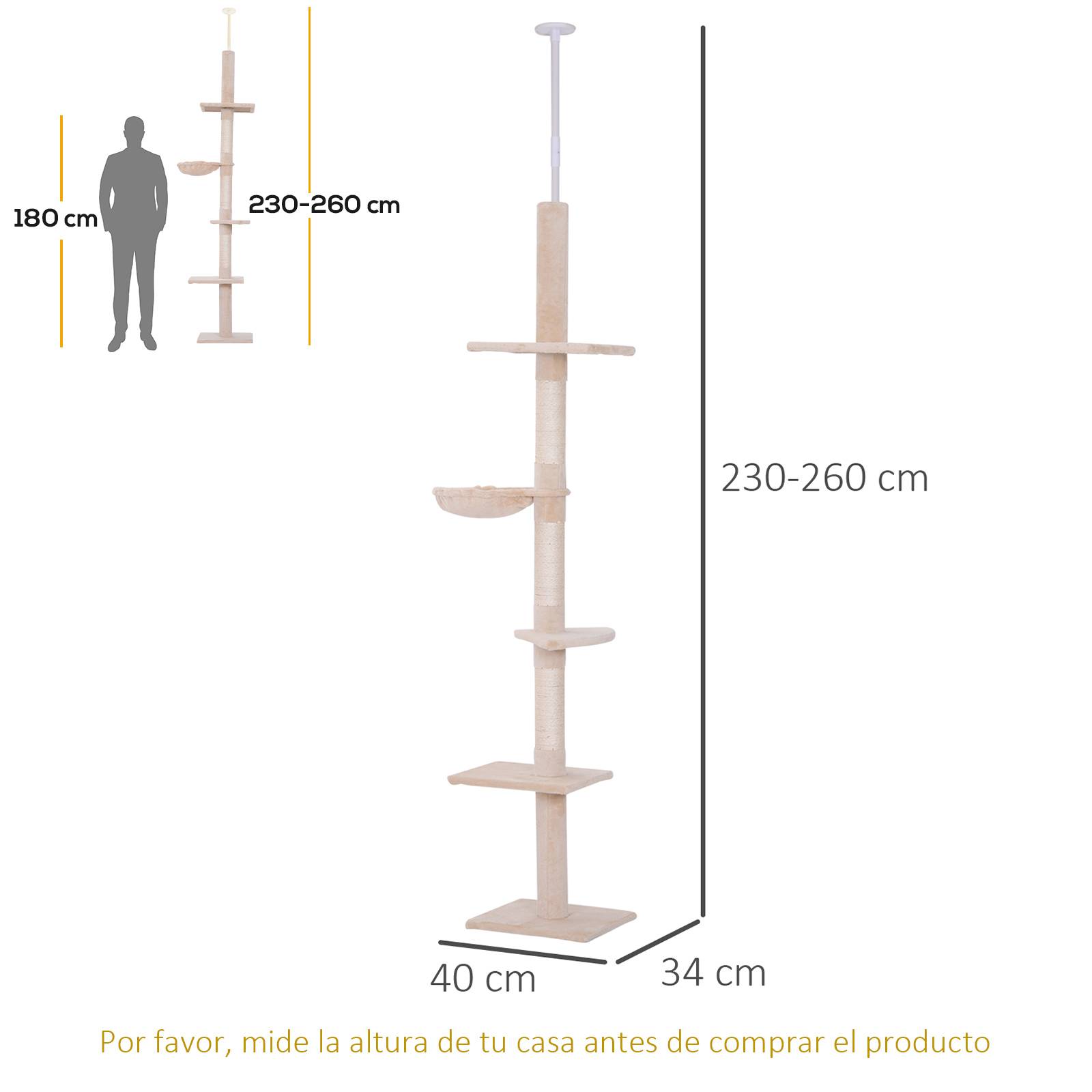 Arbre à chat beige sol plafond 230-260 cm, hauteur réglable, plateformes, hamac, poteaux sisal, ajustable - Image 5