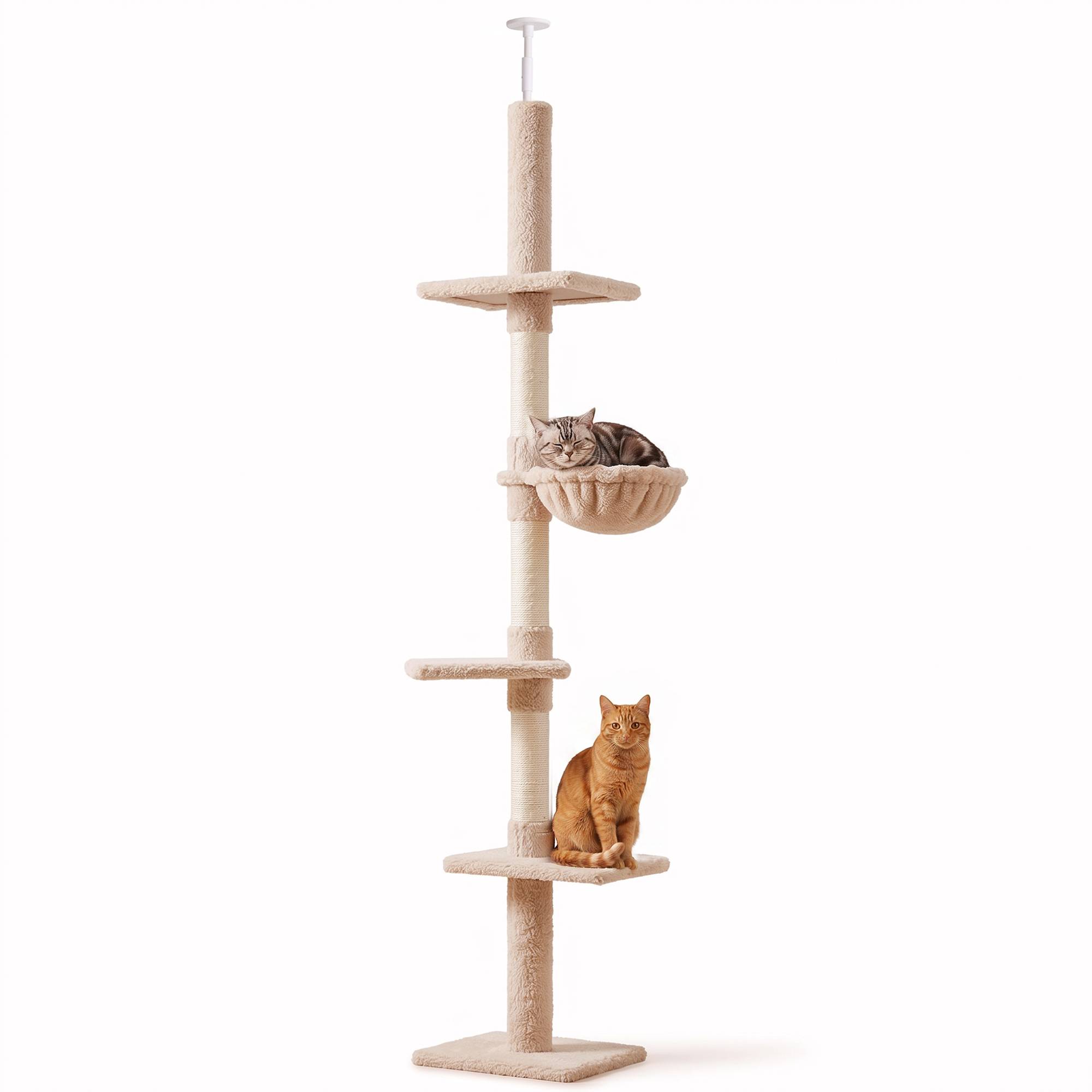 Arbre à chat beige sol plafond 230-260 cm, hauteur réglable, plateformes, hamac, poteaux sisal, ajustable - Image 1