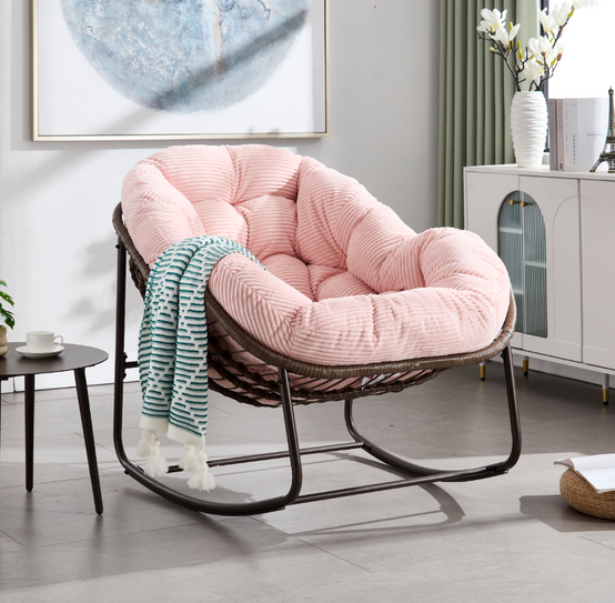 Fauteuil à bascule œuf rotin synthétique jardin salon coussin ergonomique 106x90x78cm Rose - ComfortXL Outdoor Living - Image 1