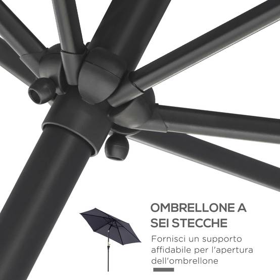 Parasol de jardin 2,6x2,4 m inclinable avec manivelle, en aluminium et polyester gris et noir - Image 10