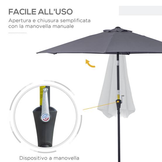 Parasol de jardin 2,6x2,4 m inclinable avec manivelle, en aluminium et polyester gris et noir - Image 6