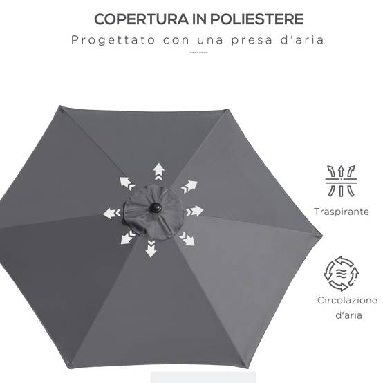 Parasol de jardin 2,6x2,4 m inclinable avec manivelle, en aluminium et polyester gris et noir - Image 8