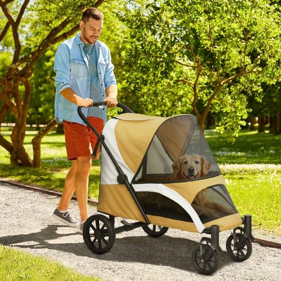 Poussette pour grand chien Polyester pour animaux pliable 4 roues 124x67x100cm Marron - ComfortXL Outdoor Living - Image 1