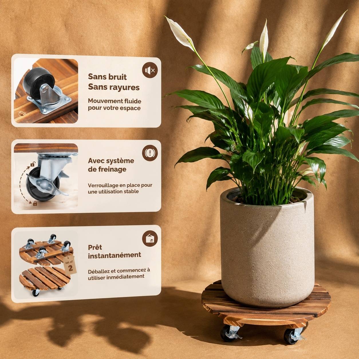 Pack de 4 Supports à Plantes 12 Pouces Roues Lockables Intérieur Extérieur - Image 5