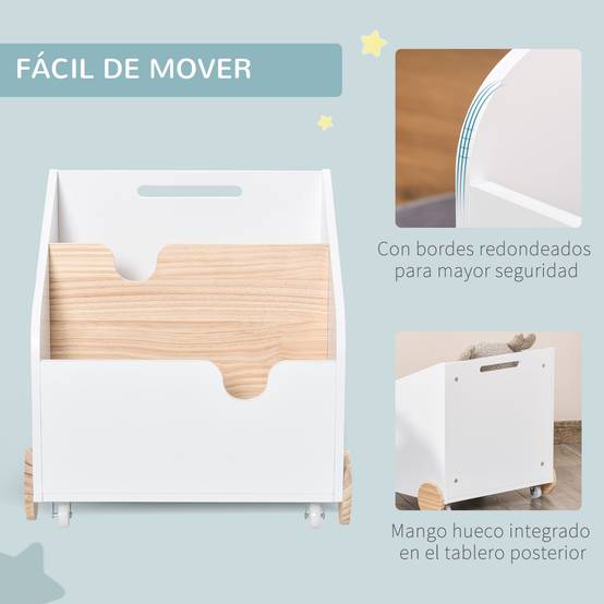 Coffre de Rangement Jouets en Bois 2 Compartiments avec Roulettes et Poignée, Étagère Mobile, 40 x 43 x 43 cm, Blanc/Naturel - Image 9