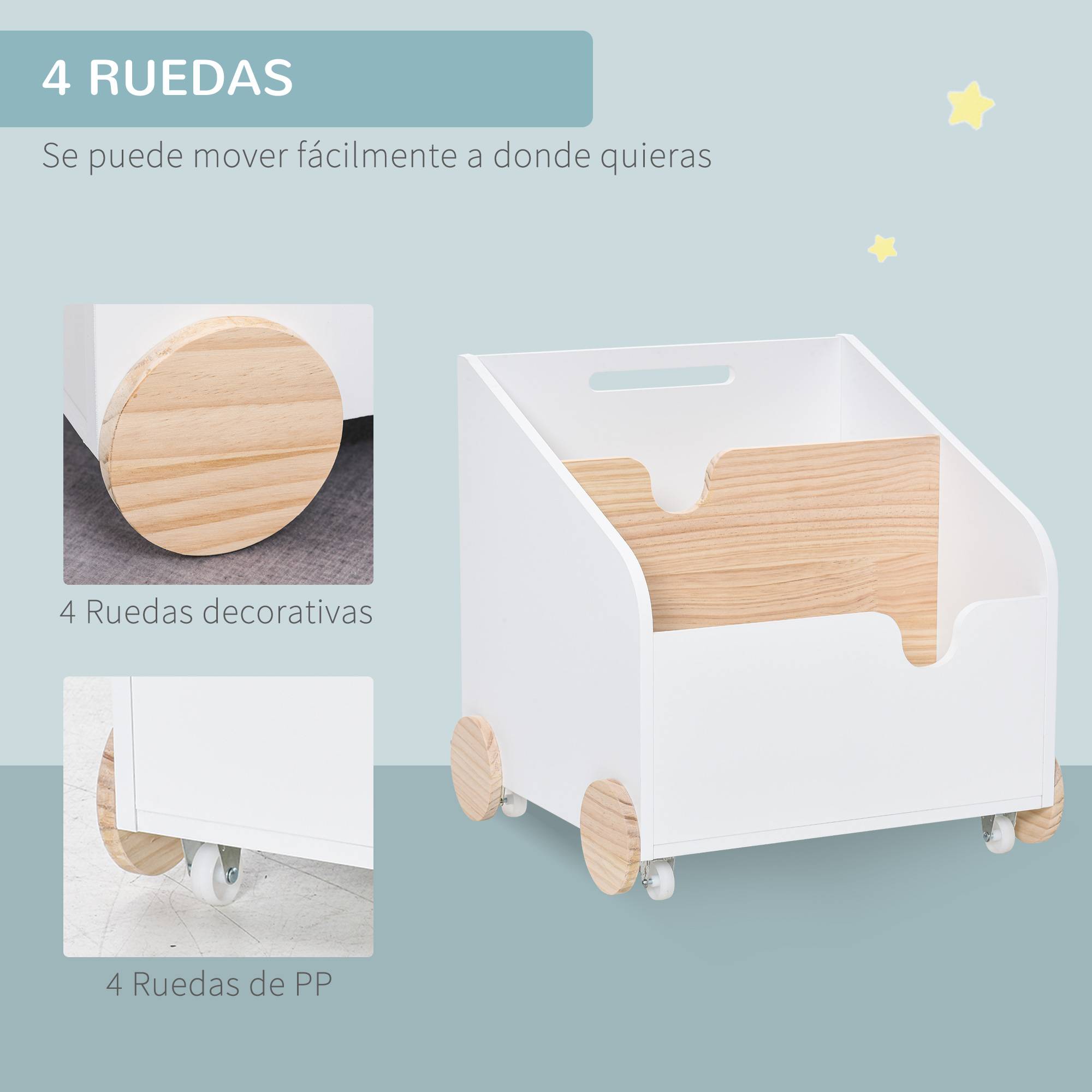 Coffre de Rangement Jouets en Bois 2 Compartiments avec Roulettes et Poignée, Étagère Mobile, 40 x 43 x 43 cm, Blanc/Naturel - Image 8