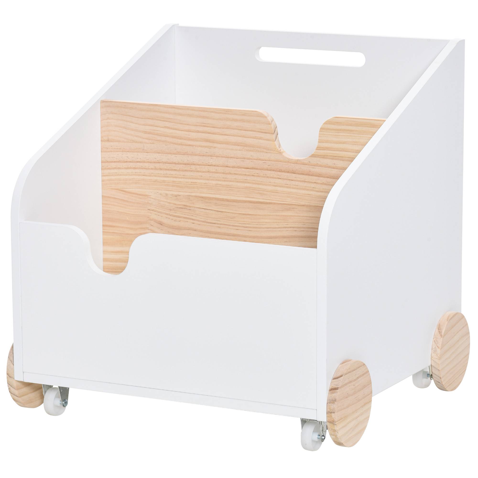 Coffre de Rangement Jouets en Bois 2 Compartiments avec Roulettes et Poignée, Étagère Mobile, 40 x 43 x 43 cm, Blanc/Naturel - Image 2