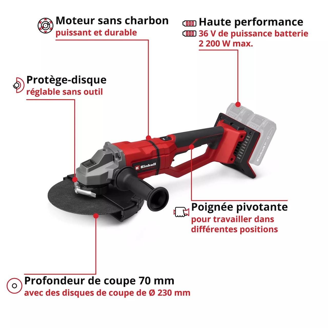 Einhell - Meuleuse d’angle sans fil – TP-AG 36/230-22 Li BL-Solo – Ø 230 mm – Brushless – Power X-Change - Image 4