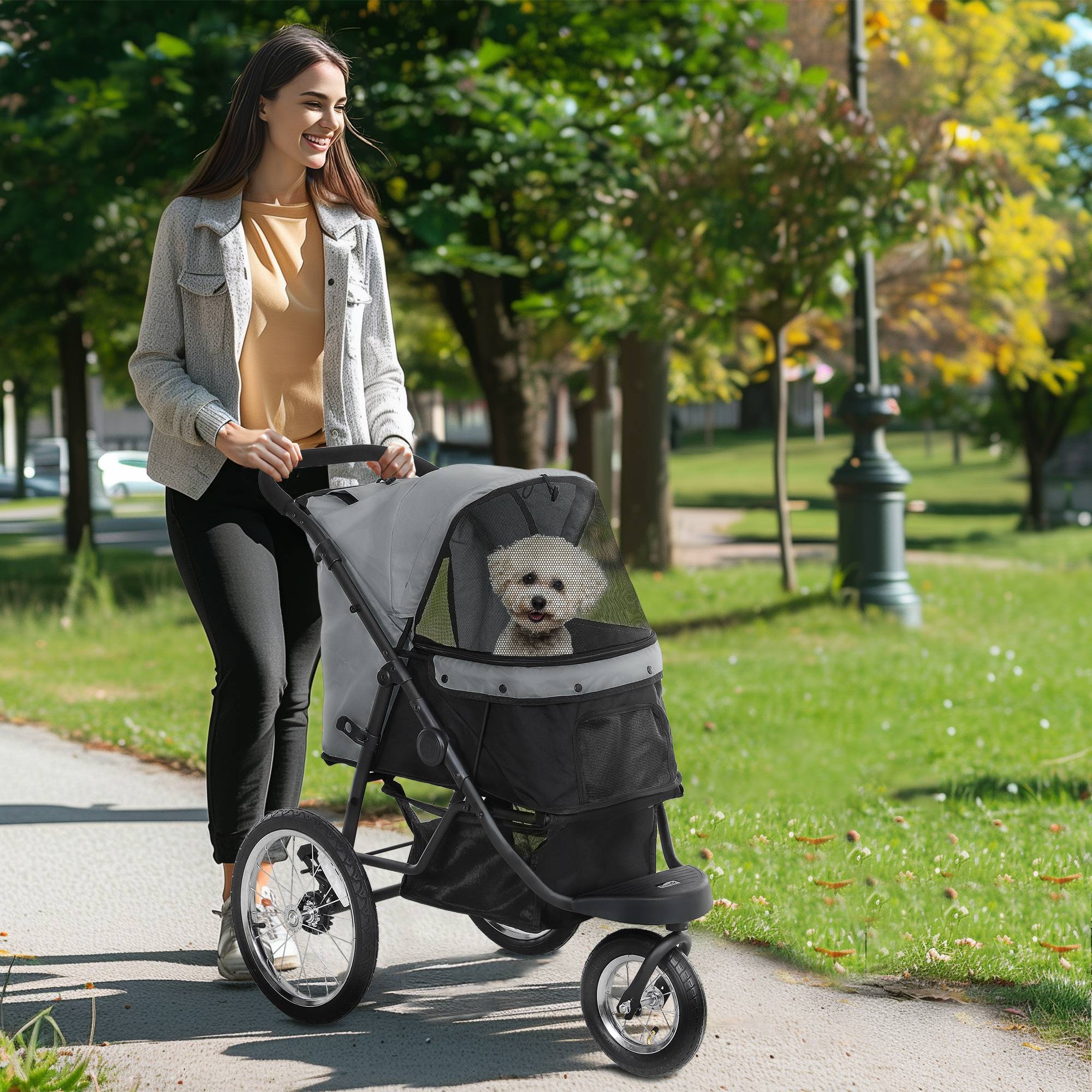Poussette pour chien pliable avec panier de rangement, coussin lavable, roues en caoutchouc et auvent réglable, gris - Image 3