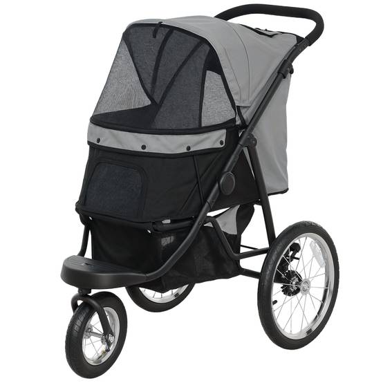 Poussette pour chien pliable avec panier de rangement, coussin lavable, roues en caoutchouc et auvent réglable, gris - Image 2