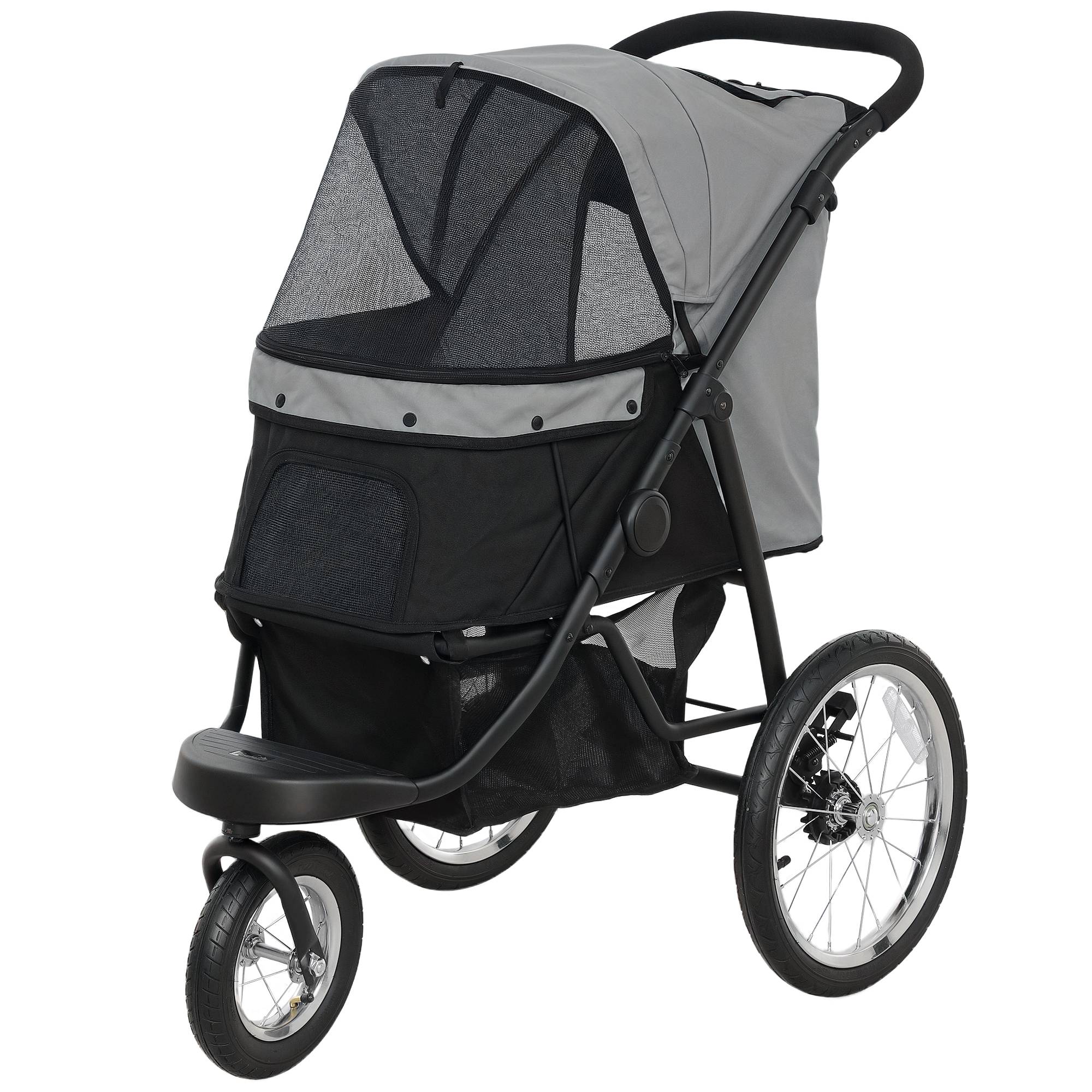 Poussette pour chien pliable avec panier de rangement, coussin lavable, roues en caoutchouc et auvent réglable, gris - Image 2