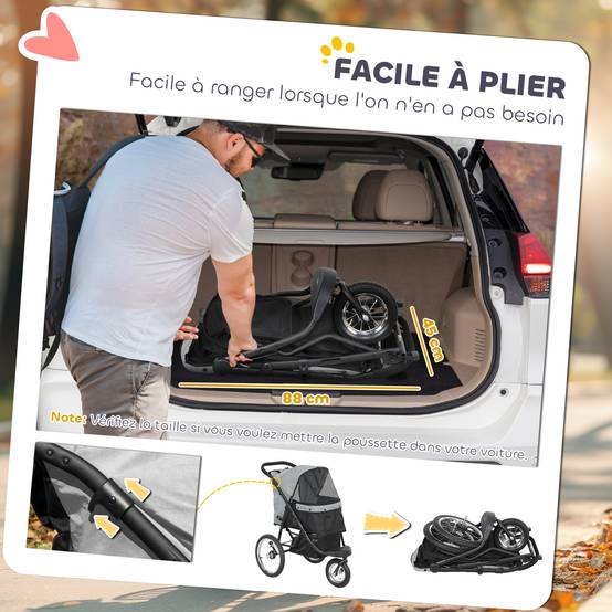 Poussette pour chien pliable avec panier de rangement, coussin lavable, roues en caoutchouc et auvent réglable, gris - Image 9