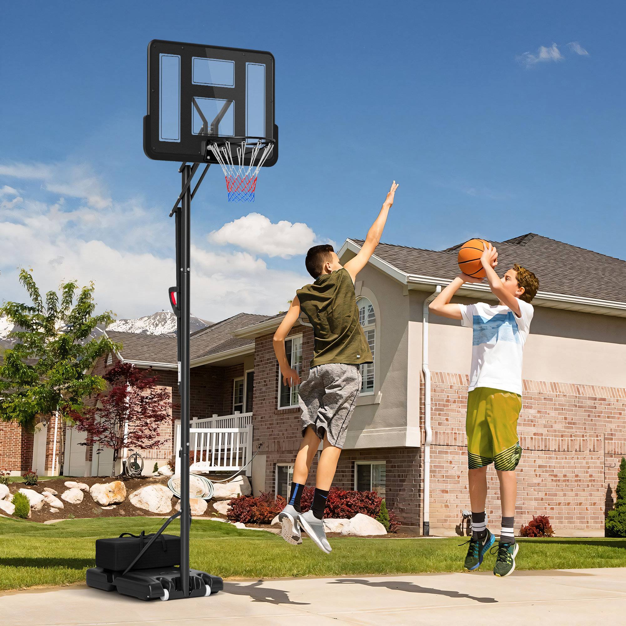 ComfortXL - Panier de basket sur pied acier et plastique noir hauteur 235-305 cm base lestable à roulettes usage extérieur - Image 1