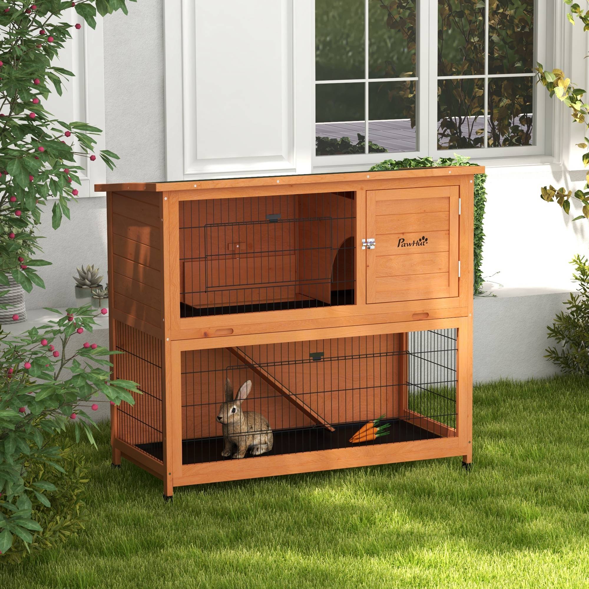 Cage petits animaux maison rongeurs, résistante intempéries, 2 bacs, 123 x 63 x 112 cm, orange - Image 3