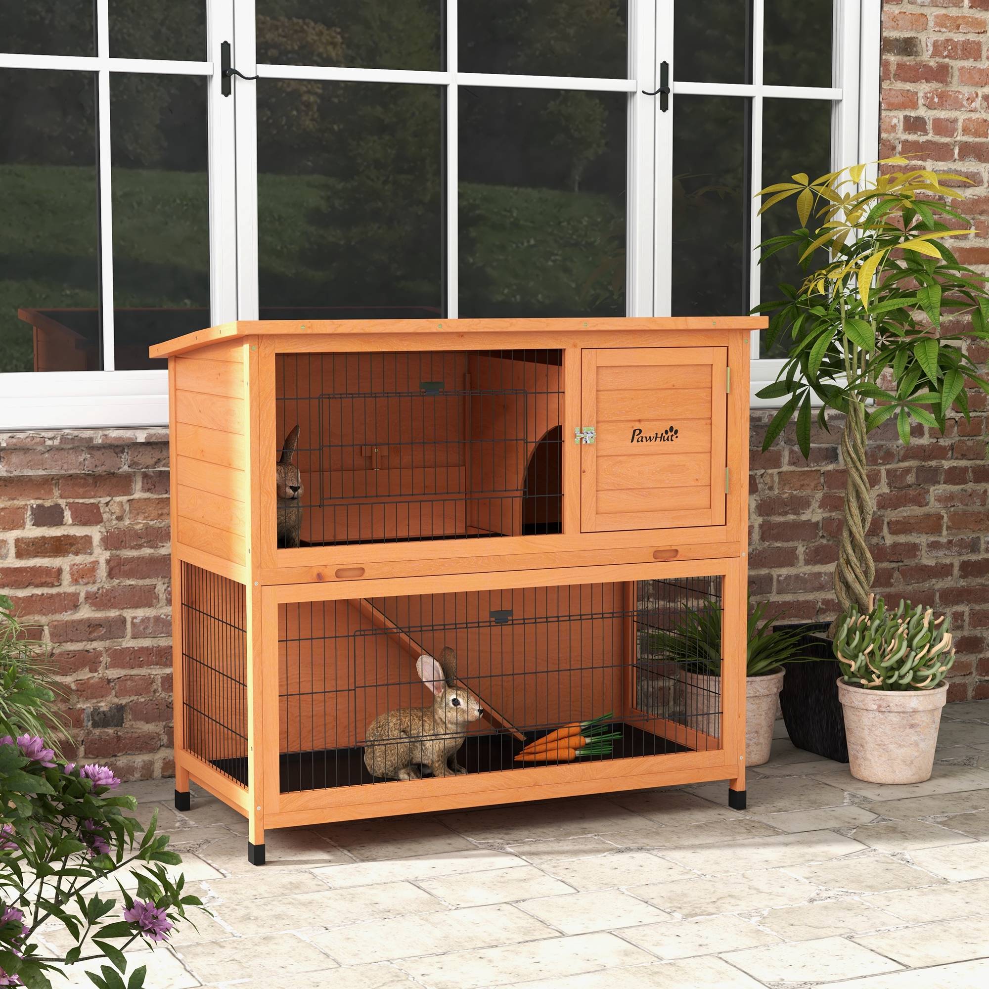Cage petits animaux maison rongeurs, résistante intempéries, 2 bacs, 123 x 63 x 112 cm, orange - Image 4
