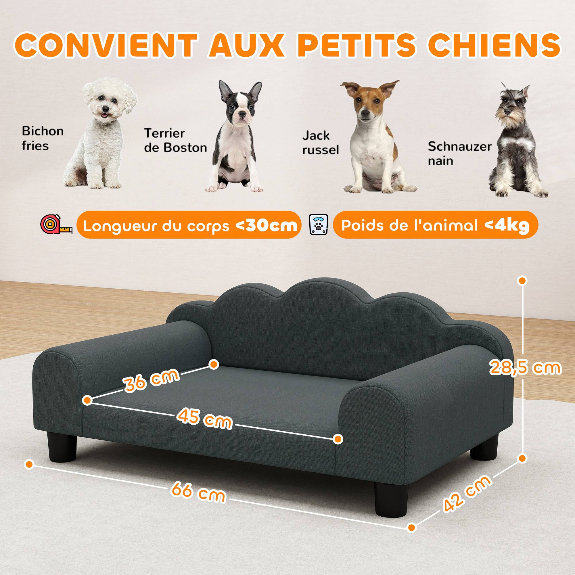Sans Marque - Canapé chien animal dossier accoudoirs respirant 66x42x28,5 cm gris foncé - Image 5