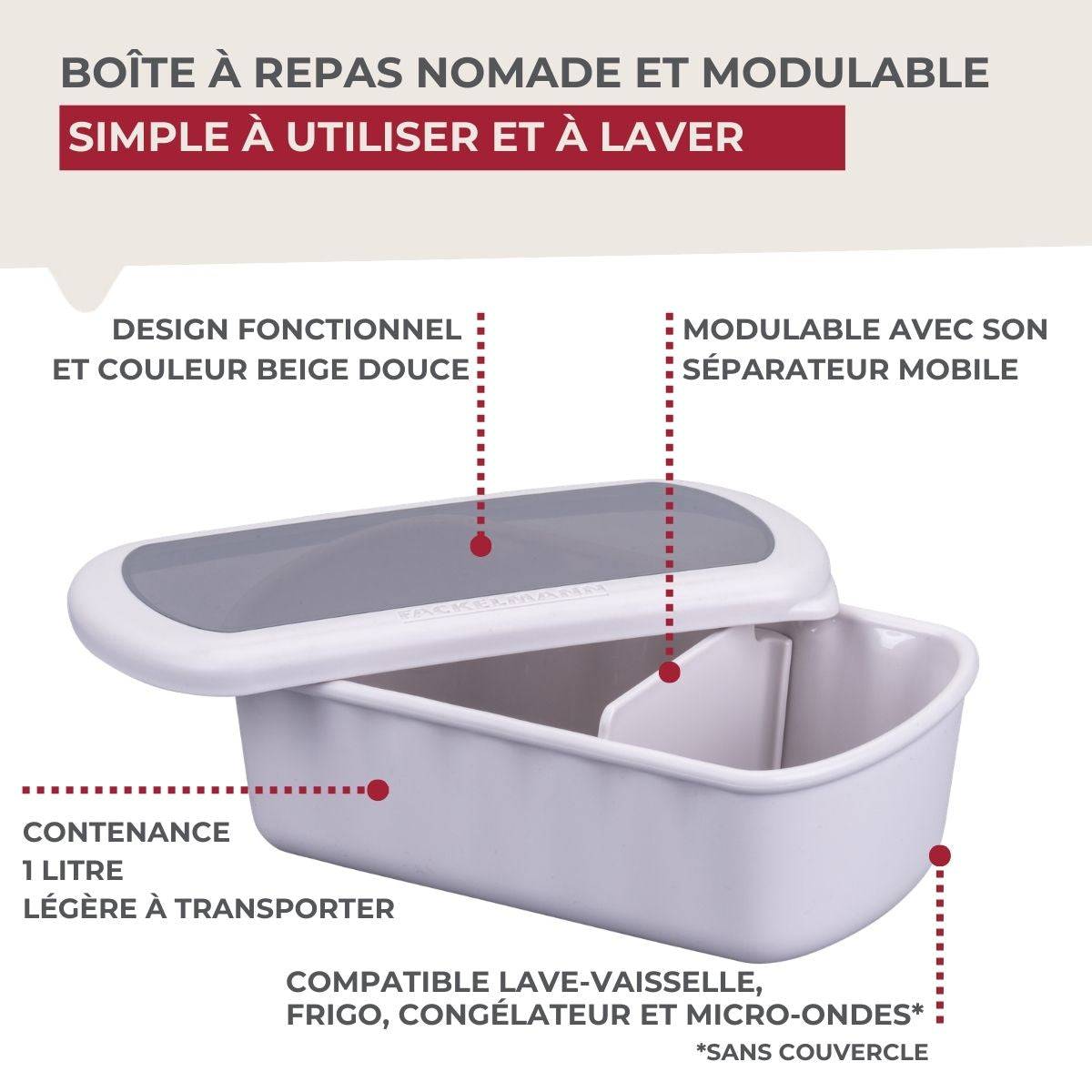 Lunchbox Beige à compartiment réglable 1 litre sans BPA Fackelmann Storage - Image 7