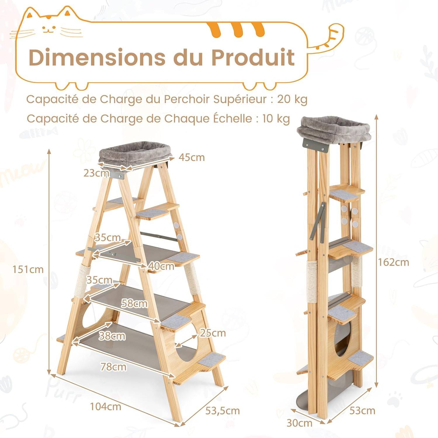 Costway - Arbre à Chat Pliable à 5 Niveaux, Arbre a Chat Bois de Pin, 8 Échelle avec Tampons en Feutre de Laine, 3 Hamacs en Tissu, Coussin Amovible, Poteaux à - Image 4